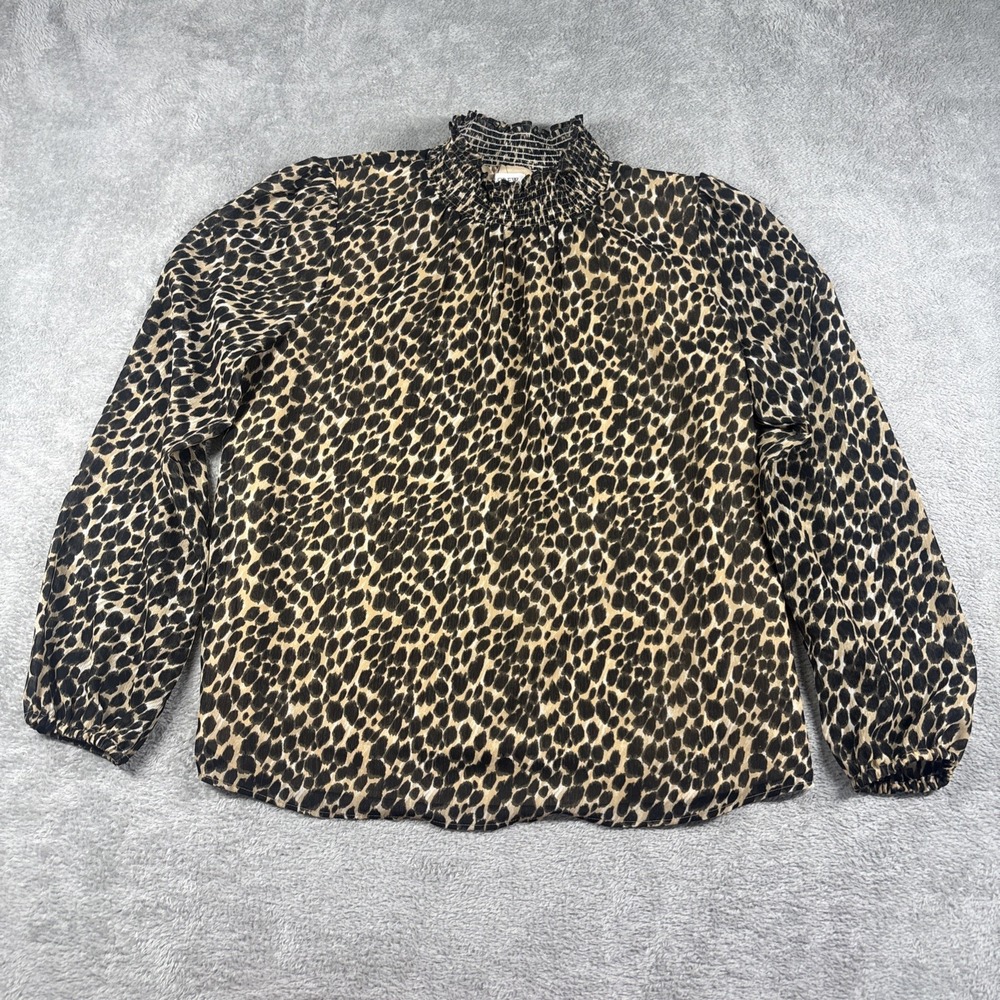 J. Crew Women's Leopard Print Long Sleeve Blouse Mock Neck Black and Brown XS